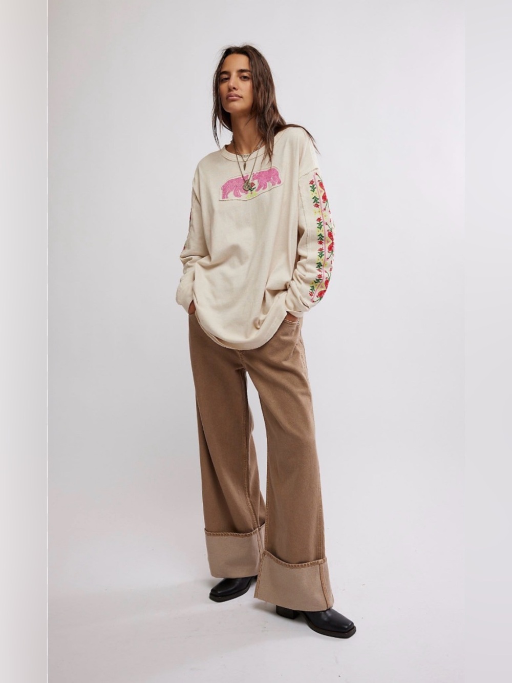 Free People All My Heart Tee in ivory Embroidered Bear Crewneck Sweatshirt - Picture 12 of 12